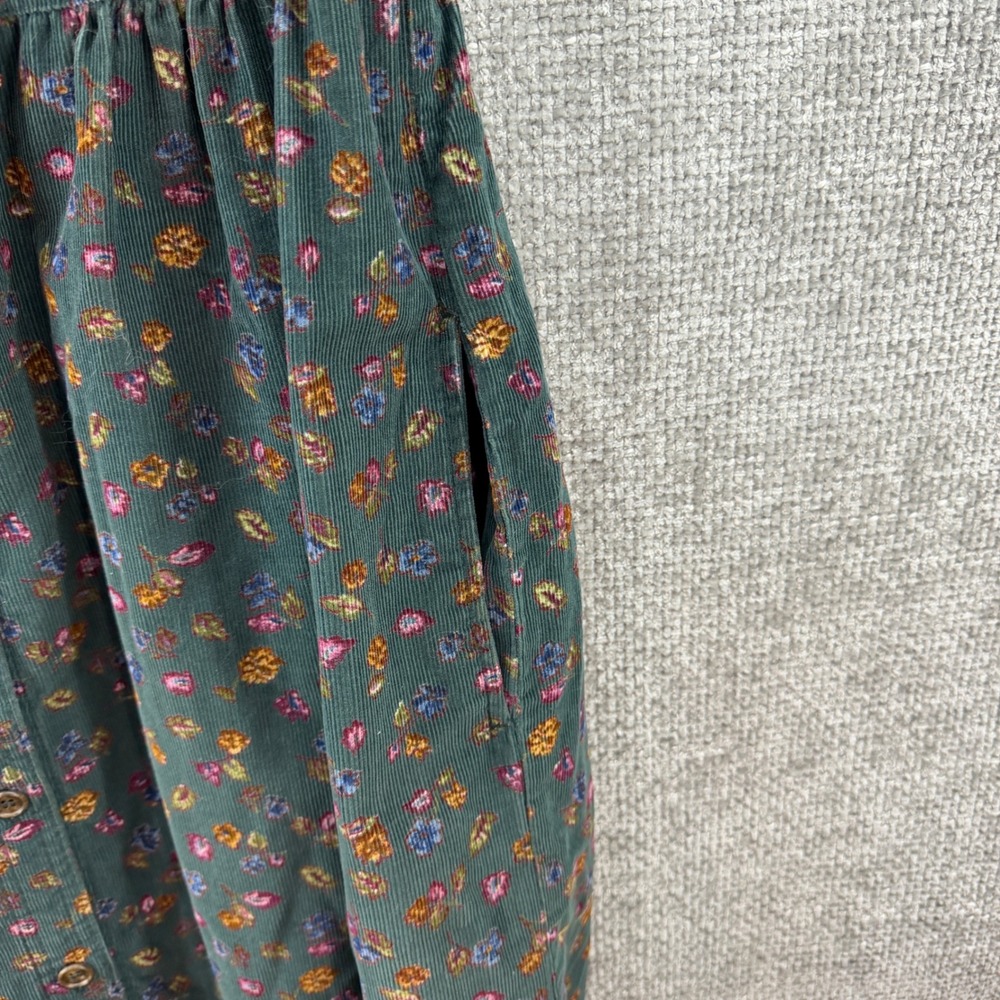 Vintage LL Bean Corduroy Dress Women's L Green Floral Button Front Midi Pockets - Picture 5 of 10